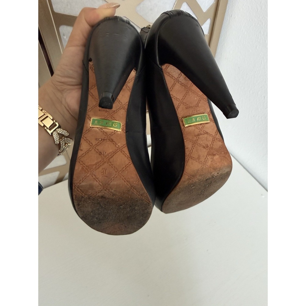 L.A.M.B. LAMB Black Leather Strap Stilettos Peep Toe Heels Y2K Designer Size 9 M - Picture 10 of 13